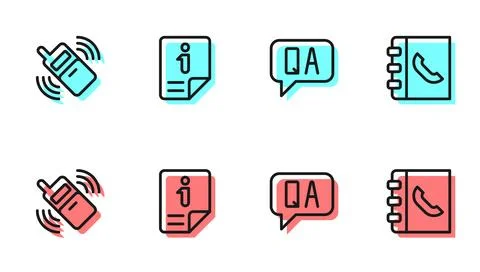 Set line Question and Answer, Mobile phone, Information and Phone book icon.. Stock Illustration