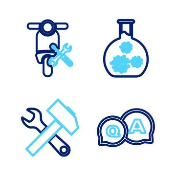 Set line Question and Answer, Crossed hammer wrench, Test tube with virus a.. Ilustração Stock