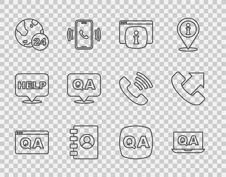 Set line Question and Answer, Monitor with FAQ information, Address book, T.. Stock Illustration