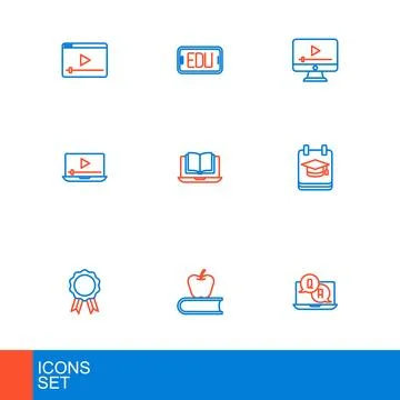 Set line Question and Answer, Book with apple, Online education diploma, pl.. Stock Illustration