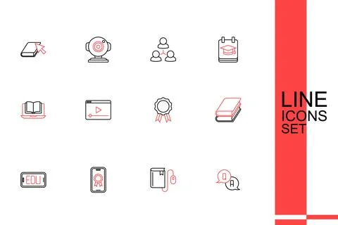 Set line Question and Answer, Electronic book with mouse, Online education .. Stock Illustration