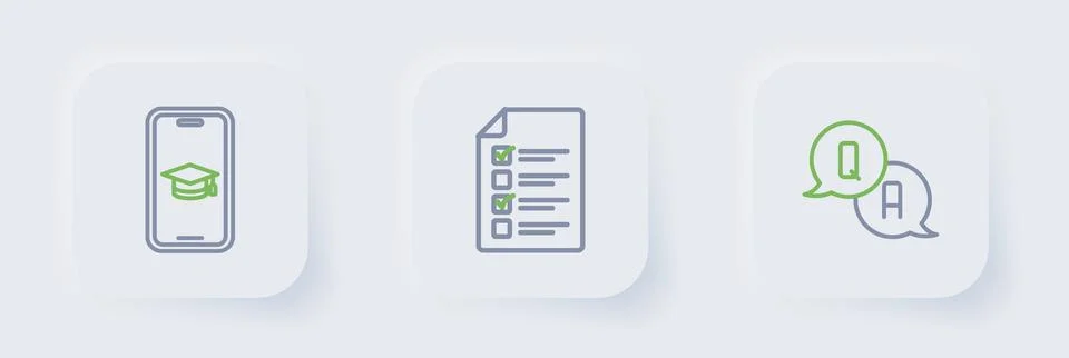 Set line Question and Answer, Online quiz, test, survey and Graduation cap .. Stock Illustration