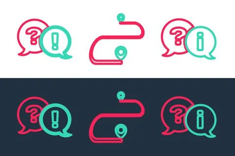 Set line Question and Exclamation, and Route location icon. Vector Stock Illustration