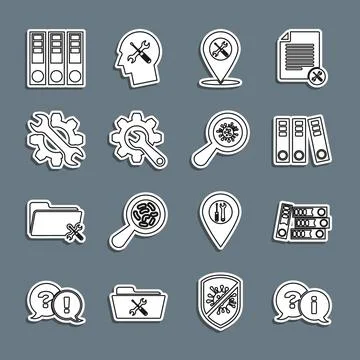 Set line Question and Exclamation, Office folders, Location service, Wrench.. Stockillustratie