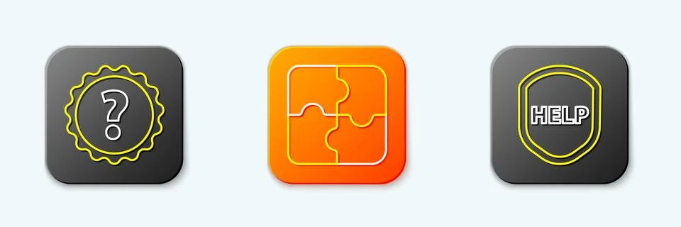 Set line Question mark, Piece of puzzle and Shield with text Help icon. Vecto Stock Illustration