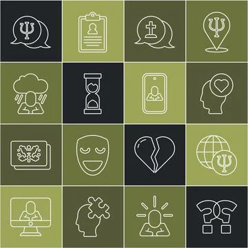 Set line Question mark, Psychology, Psi, Broken heart or divorce, Graves fu.. Stock Illustration