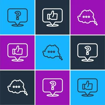 Set line Question mark, Speech bubble chat and Hand like icon. Vector Illustrazione stock