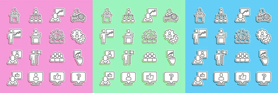 Set line Question mark, Team leader, Head hunting, Speaker,  and Project te.. Stock Illustration