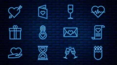 Set line Quiver and arrows with heart, Envelope Valentine, Wine glass, Hear.. Stock Illustration