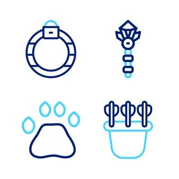 Set line Quiver with arrows, Bear paw footprint, Magic wand and stone ring .. Stock Illustration