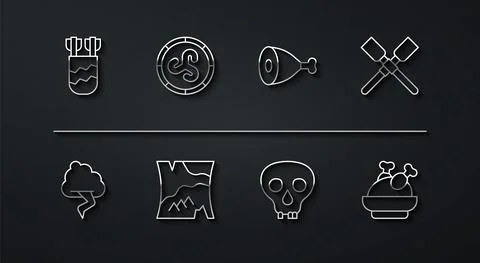 Set line Quiver with arrows, Cloud and lightning, Oars or paddles boat, Skull Illustrazione stock