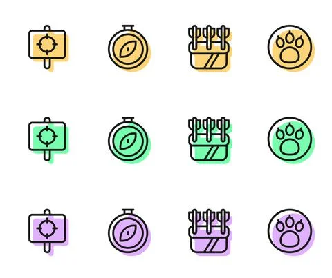 Set line Quiver with arrows, Target sport, Compass and Paw search icon. Vector Stockillustratie