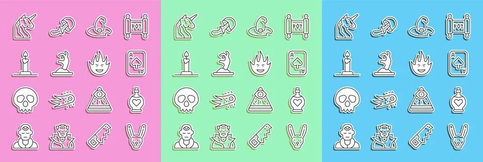 Set line Rabbit with ears, Bottle love potion, Playing cards, Witch hat, Zombie Stock-Illustration