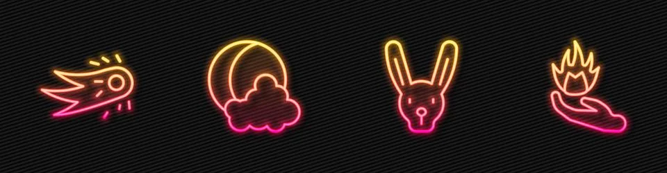 Set line Rabbit with ears, Fireball, Moon and stars and Hand holding fire. .. Stock Illustration