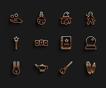 Set line Rabbit with ears, Magic lamp or Aladdin, Cube levitating above hand Illustrazione stock