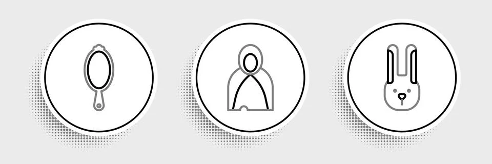 Set line Rabbit with ears, Magic hand mirror and Mantle, cloak, cape icon. .. Stock Illustration