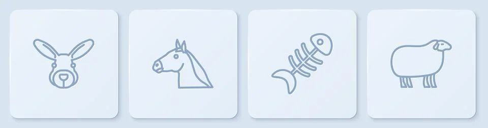 Set line Rabbit head, Fish skeleton, Horse and Sheep. White square button Stock Illustration