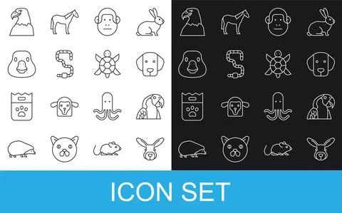 Set line Rabbit head, Macaw parrot, Dog, Monkey, Worm, Goose bird, Eagle and Stock Illustration