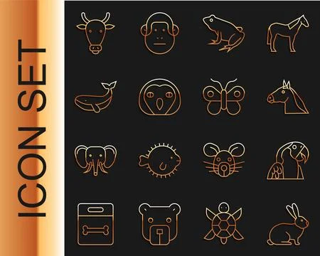 Set line Rabbit, Macaw parrot, Horse head, Frog, Owl bird, Whale, Cow and Illustrazione stock