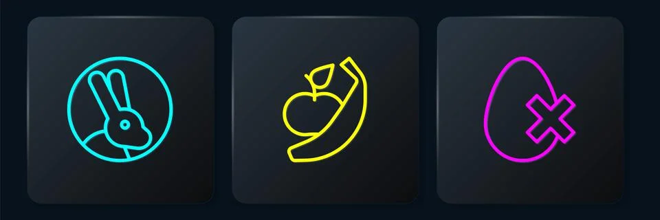 Set line Rabbit, No egg and Apple and banana. Black square button. Vector Stock Illustration