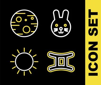 Set line Rabbit zodiac, Gemini, Sun and Planet Mars icon. Vector Stock Illustration