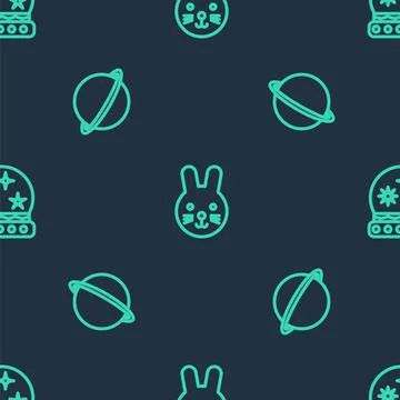 Set line Rabbit zodiac, Planet Saturn and Magic ball on seamless pattern. Vec Stock Illustration