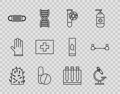 Set line Rabies virus, Microscope, Test tube with, Medicine pill or tablet Stock Illustration