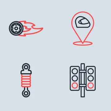Set line Racing helmet, Shock absorber, traffic light and Wheel fire flame .. Stock Illustration
