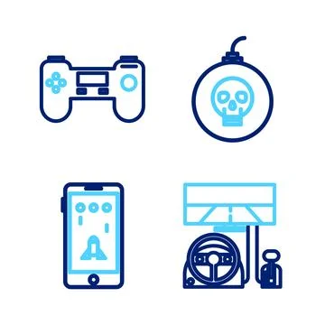 Set line Racing simulator cockpit, Mobile and playing game, Bomb ready explode Stock Illustration