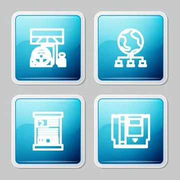 Set line Racing simulator cockpit, Computer network, Game guide and Cartridge Stock Illustration