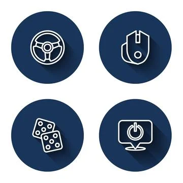 Set line Racing simulator, Computer mouse, Game dice and Power button with long Illustrazione stock