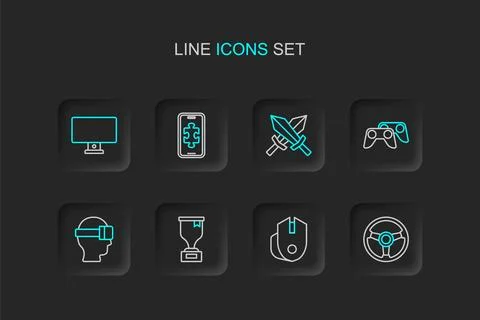 Set line Racing simulator, Computer mouse, Award cup, Virtual reality glass.. Illustrazione stock