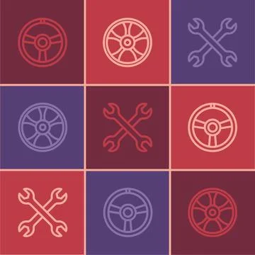 Set line Racing steering wheel, Wrench spanner and Alloy for car icon. Vector Stock Illustration