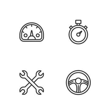 Set line Racing steering wheel, Wrench spanner, Speedometer and Stopwatch icon Stock Illustration