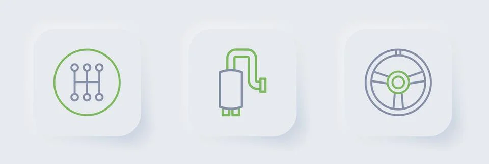 Set line Racing steering wheel, Car muffler and Gear shifter icon. Vector Stock Illustration
