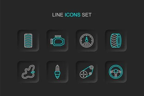 Set line Racing steering wheel, track, Car spark plug, Timing belt kit, tir.. Stock Illustration