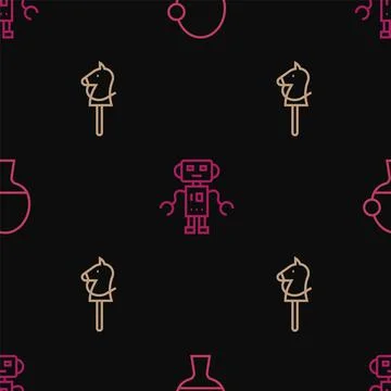 Set line Racket and ball, Toy horse and Robot toy on seamless pattern. Vector Stock Illustration