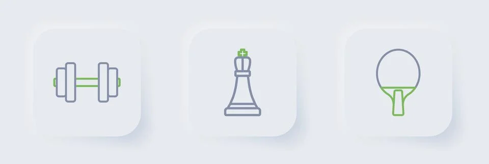 Set line Racket, Chess and Dumbbell icon. Vector Stock Illustration