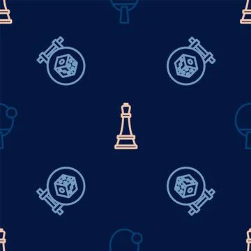 Set line Racket, Game dice and Chess on seamless pattern. Vector Stock Illustration