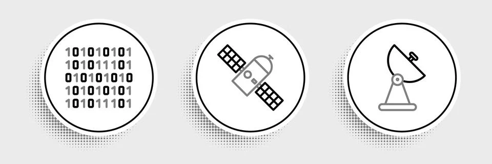 Set line Radar, Binary code and Satellite icon. Vector Stock Illustration
