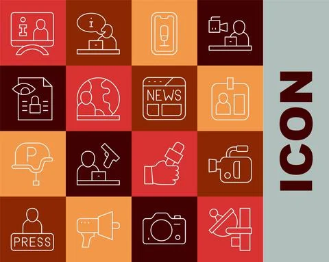 Set line Radar, Cinema camera, Journalist id card, Mobile recording, World news Stock Illustration