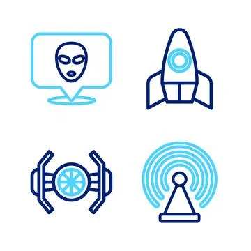 Set line Radar, Cosmic ship, Rocket and Alien icon. Vector Stock Illustration