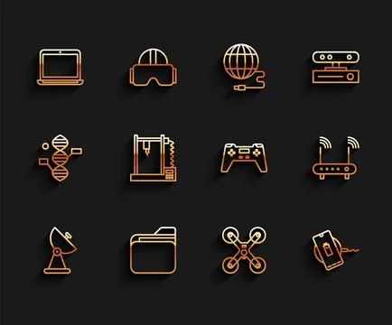 Set line Radar, Document folder, Laptop, Drone flying, Wireless charger, 3D Stock Illustration