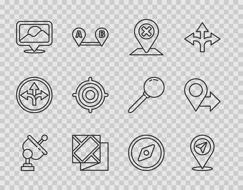 Set line Radar, Location, Folded map, Target sport, Compass and icon. Vector 스톡 일러스트