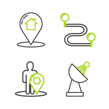 Set line Radar, Map marker with silhouette of person, Route location and po.. Stock Illustration