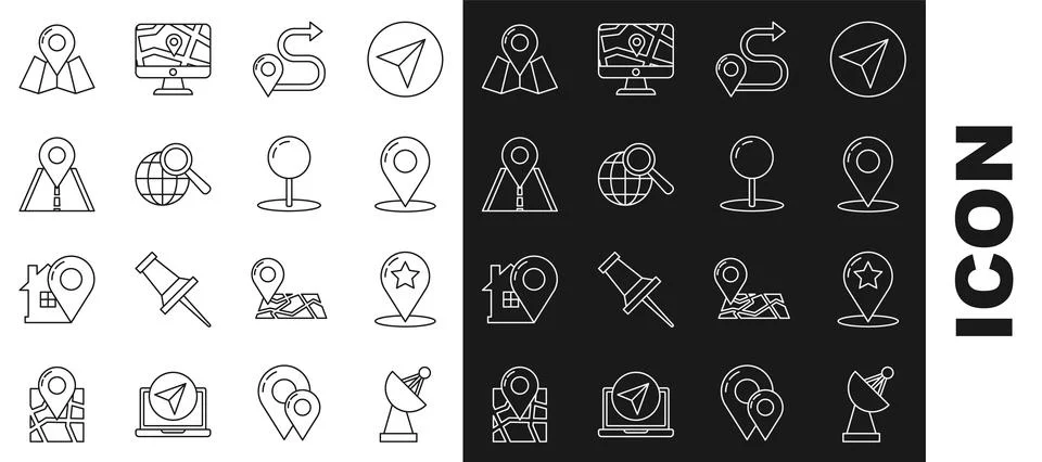 Set line Radar, Map pointer with star, pin, Route location, Magnifying glas.. Stock-Illustration