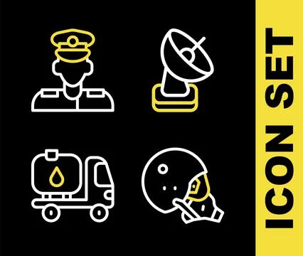 Set line Radar, Modern pilot helmet, Fuel tanker truck and Pilot icon. Vector Stock Illustration