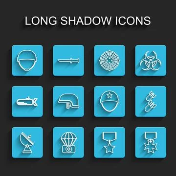 Set line Radar, Parachute with first aid kit, Military helmet, reward medal Illustrazione stock