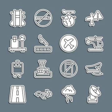 Set line Radar, Pilot hat, Helicopter, Globe with flying plane, Plane landing Stock Illustration