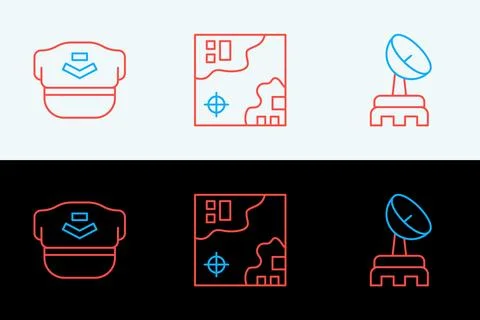 Set line Radar, Pilot hat and World travel map icon. Vector Stock Illustration